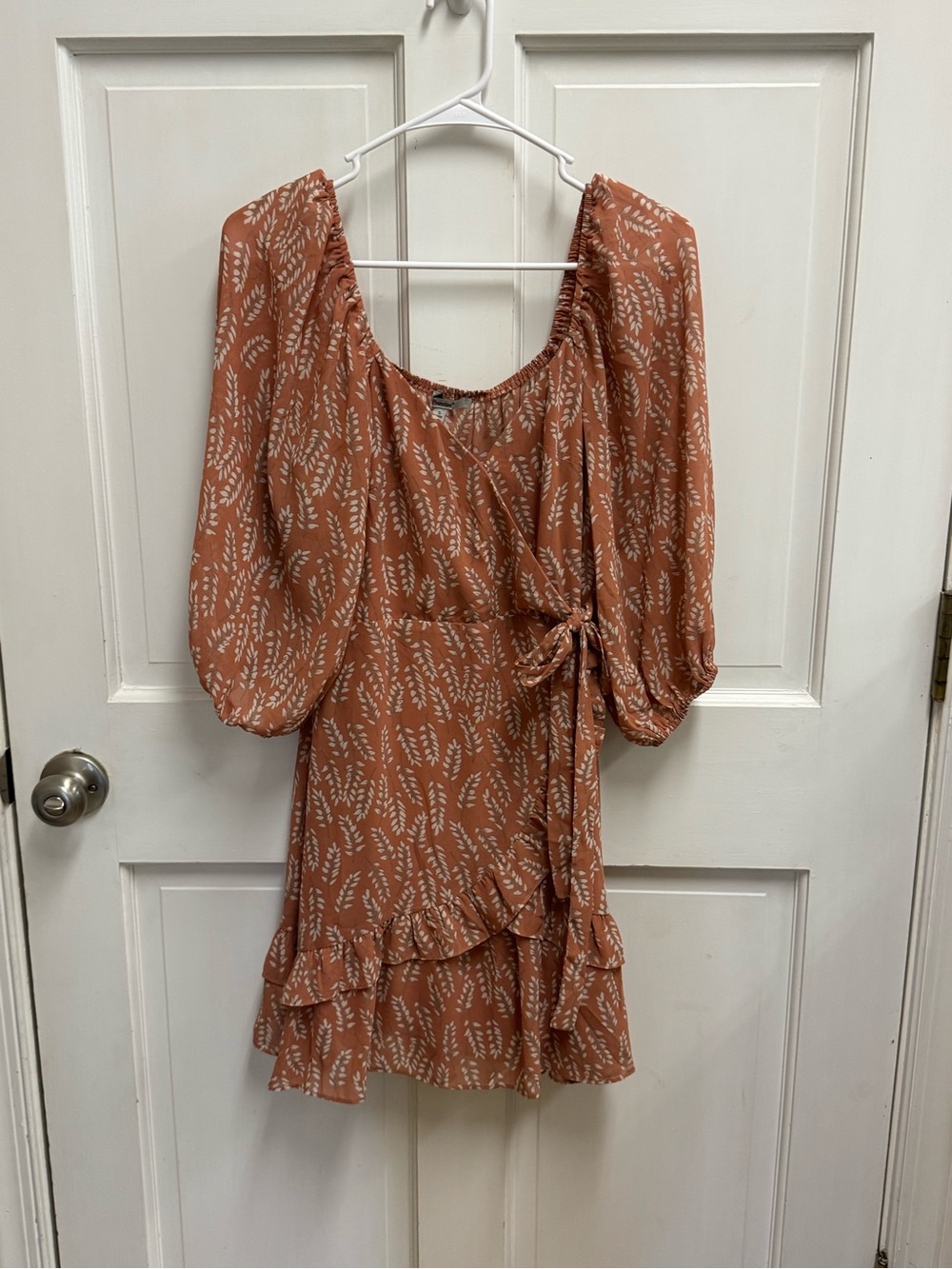 Papaya Rust Floral Wrap Mini Dress with Ruffle Hem and Puff Sleeves